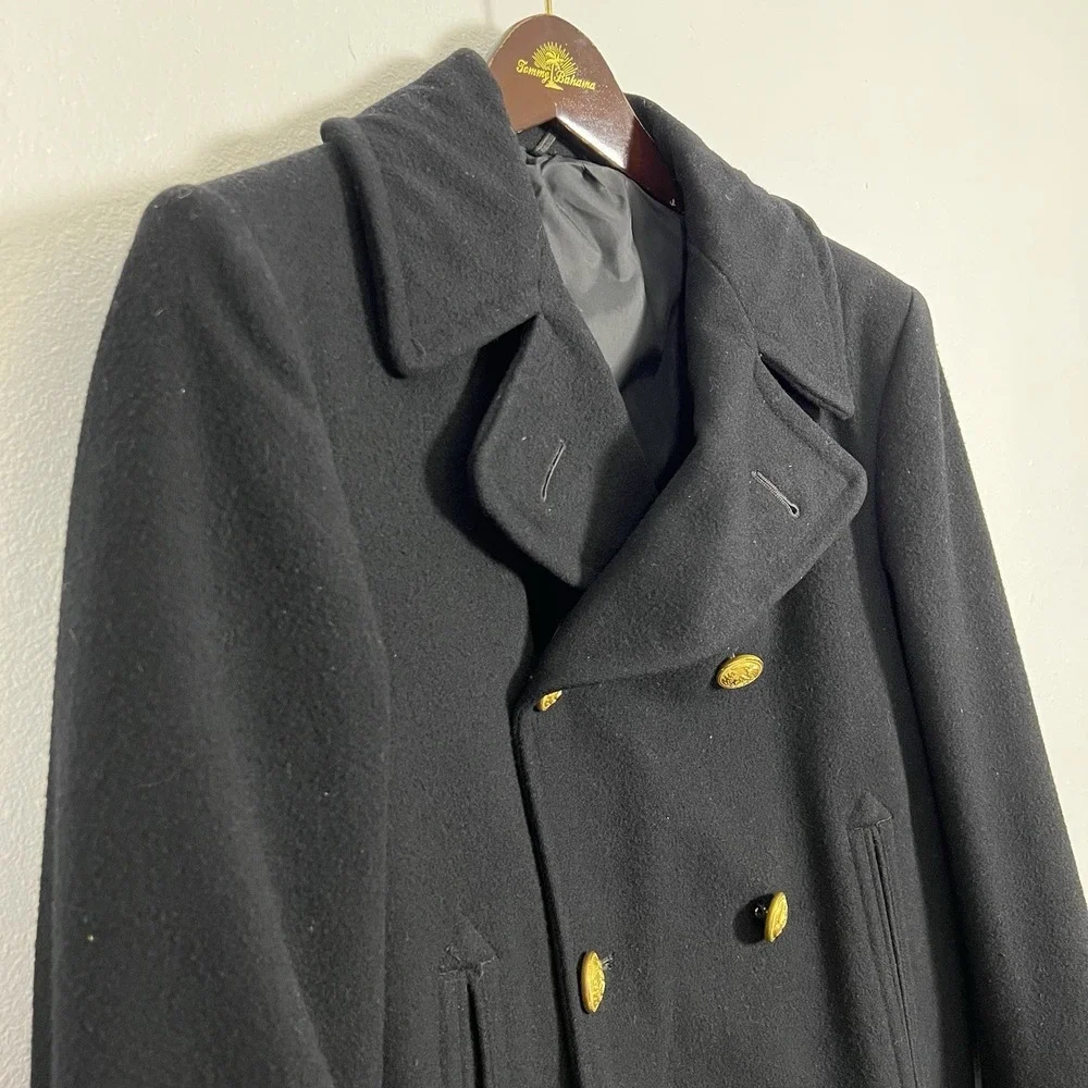 Mens Black Double Breasted Wool‎ Peacoat Military Style Gold Buttons 34S